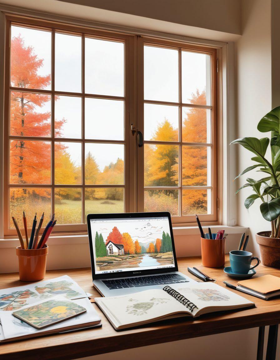 A cozy workspace filled with notebooks and a laptop, surrounded by vibrant illustrations symbolizing storytelling, such as pens, ink, and digital icons. A large window shows a peaceful outdoor scene, presenting the transition from traditional diary to digital content creation. Warm and inviting colors blend seamlessly with an artistic flair. painting. vibrant colors. white background.
