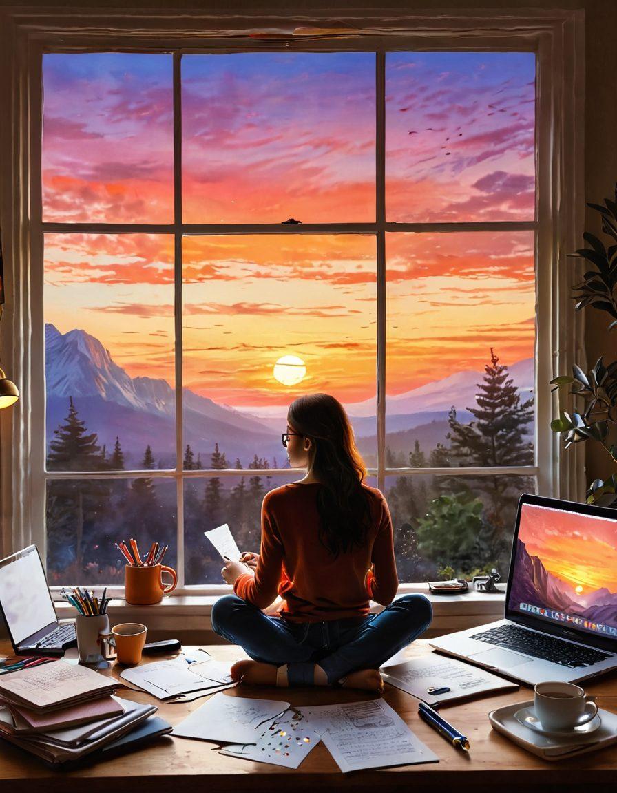 A person sitting at a cozy writing desk, surrounded by open journals, colorful pens, and a laptop, with a warm cup of tea steaming beside them. The background features a window showing a vibrant sunset, symbolizing creativity and inspiration. Papers with handwritten notes are scattered around, evoking a sense of exploration in writing. Whimsical illustrations of thought bubbles filled with ideas float around them. dreamy illustration. vibrant colors. soft focus.