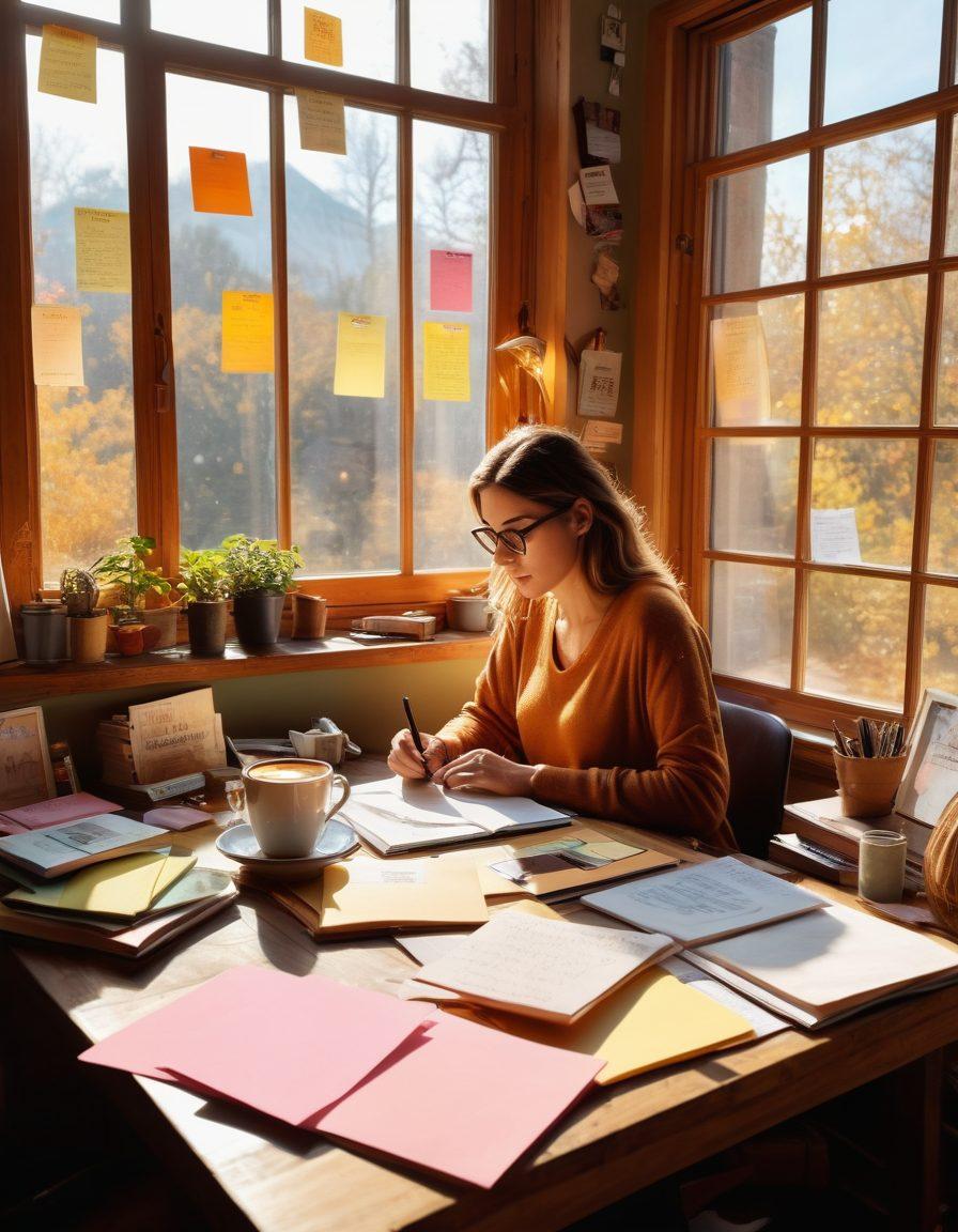 A person sitting at a cozy, rustic desk surrounded by books and a laptop, brainstorming ideas for a blog. A warm cup of coffee steaming beside them, with vibrant sticky notes and a vision board filled with colorful images and words. Soft sunlight streaming through a window, creating a warm atmosphere that evokes creativity and inspiration. Elements of digital technology subtly integrated in the background. super-realistic. warm colors. cozy ambiance.
